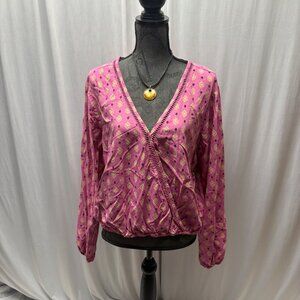 Wrangler Retro Top Womens Sz Large Pink Aztec Long Sleeve Faux Wrap Boho Blouse